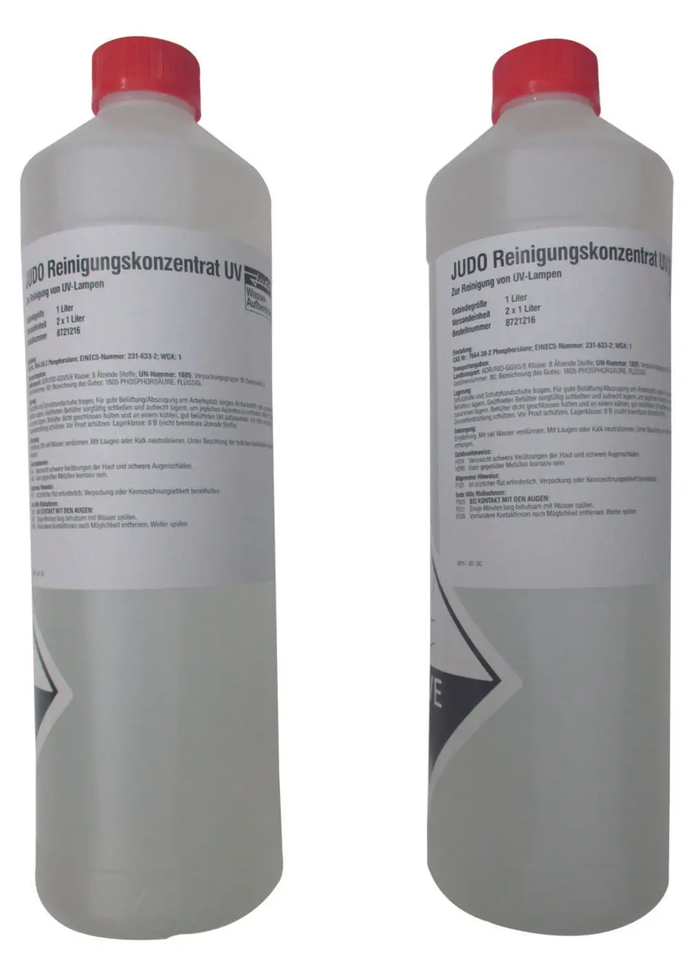 Judo Reinigungsmittel in durchsichtiger Flasche mit rotem Deckel. Beschreibung und Sicherheitsinformationen auf der Vorder- und Rückseite in deutscher Sprache.